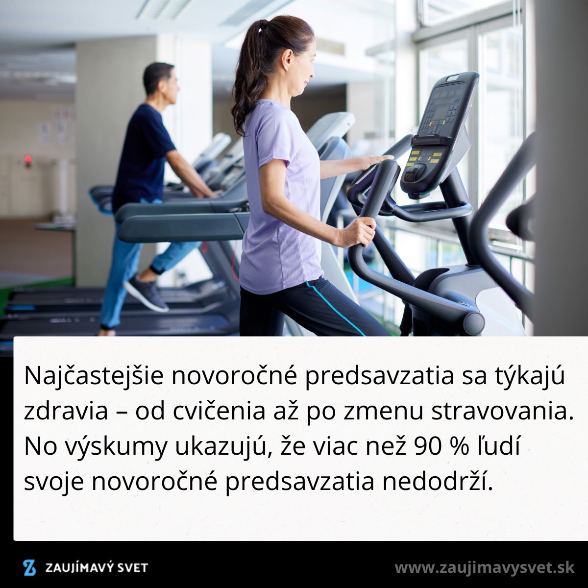 Žena a muž cvičia na bežeckých pásoch v posilňovni, ilustrujú zdravý životný štýl a fit predsavzatia.