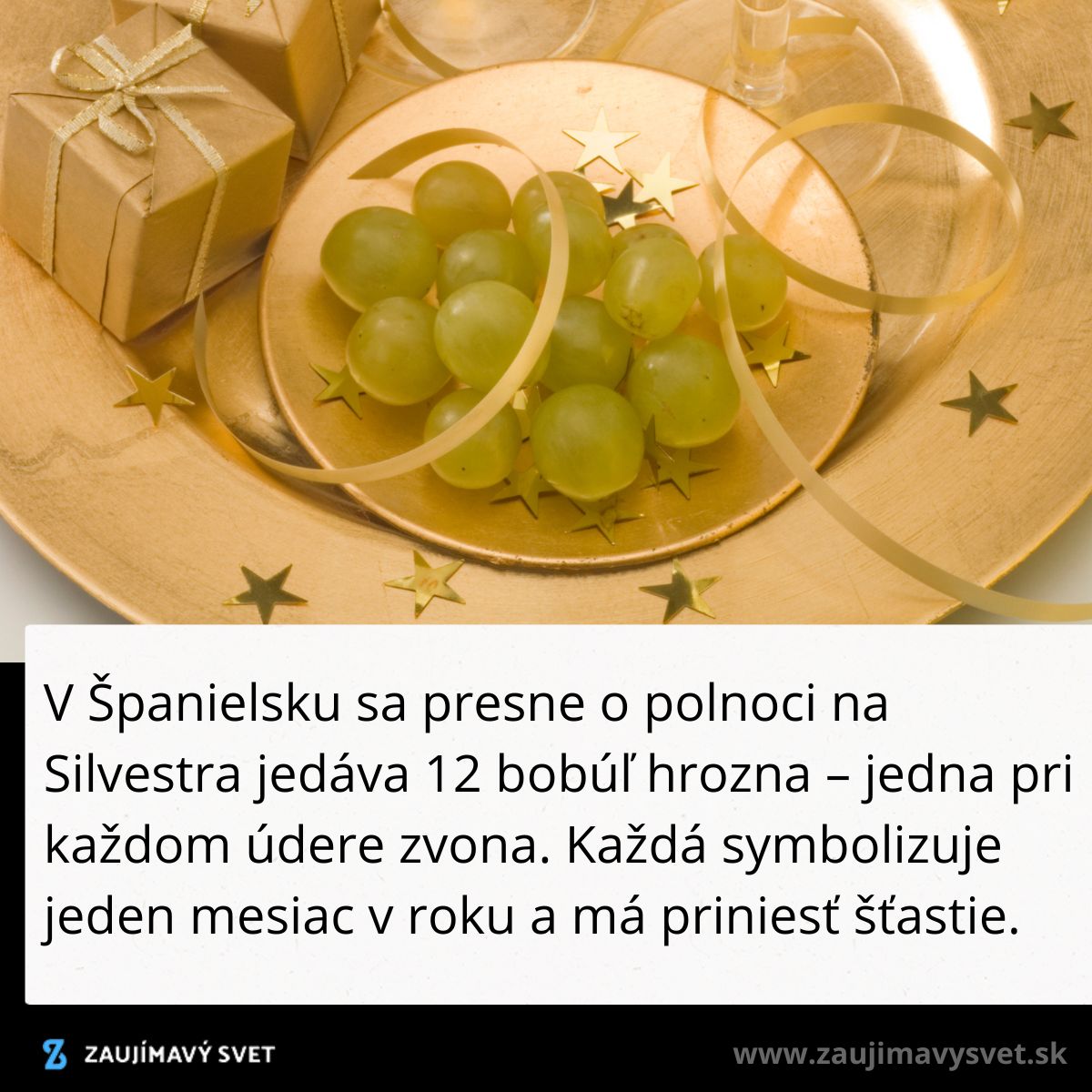 Španielska tradícia Silvestra: 12 bobúľ hrozna na zlatom tanieri pre šťastný nový rok.