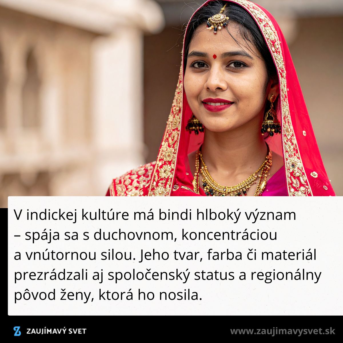 Žena v tradičnom indickom odeve s bindi na čele, symbol duchovnosti a spoločenského postavenia.