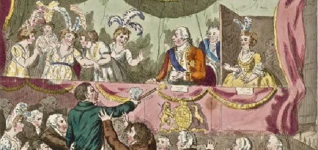 Historická ilustrácia divadelného predstavenia s publikom a účinkujúcimi v dobových kostýmoch.