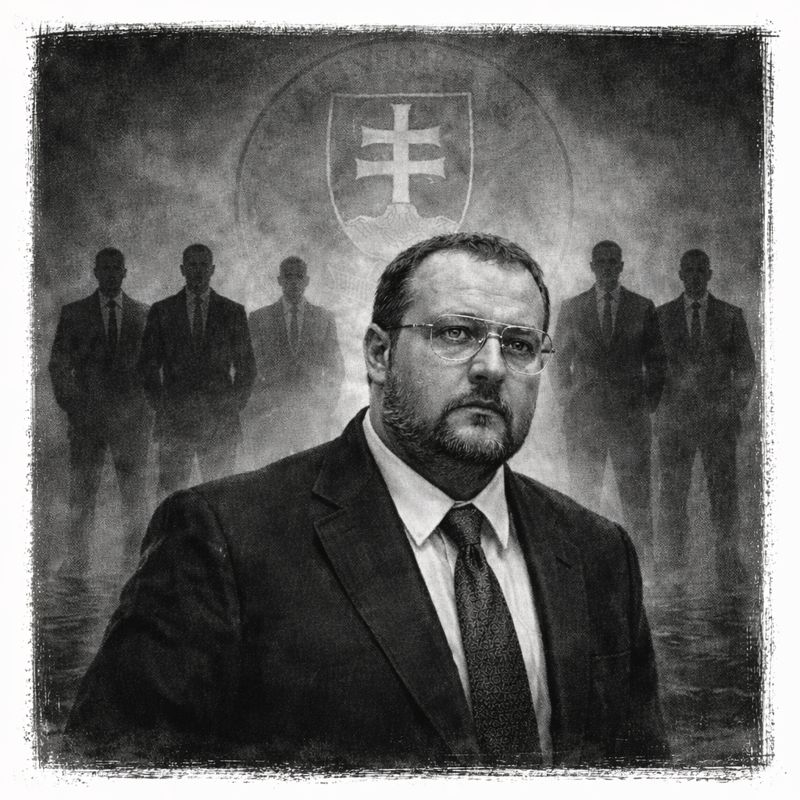 Niekto ako Ivan Lexa v obleku pred slovenským znakom, s postavami v pozadí v hmle.