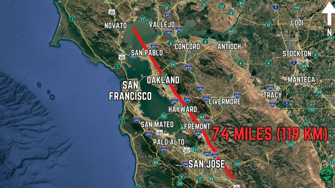Mapa San Francisca a okolia so zvýraznenou červenou čiarou 119 km dlhého úseku v Kalifornii.