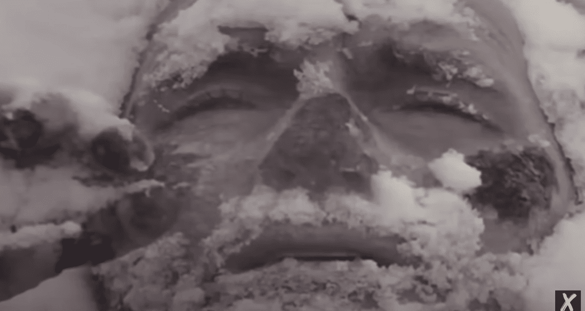 Obličaj pokrytý snehom, symbolizujúci zimu a extrémne podmienky v horskom prostredí.