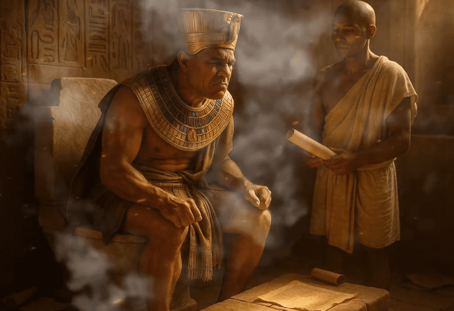 Egyptský faraón sedí na tróne, vedľa neho stojí pisár s papyrusovým zvitkom, obklopení dymom.