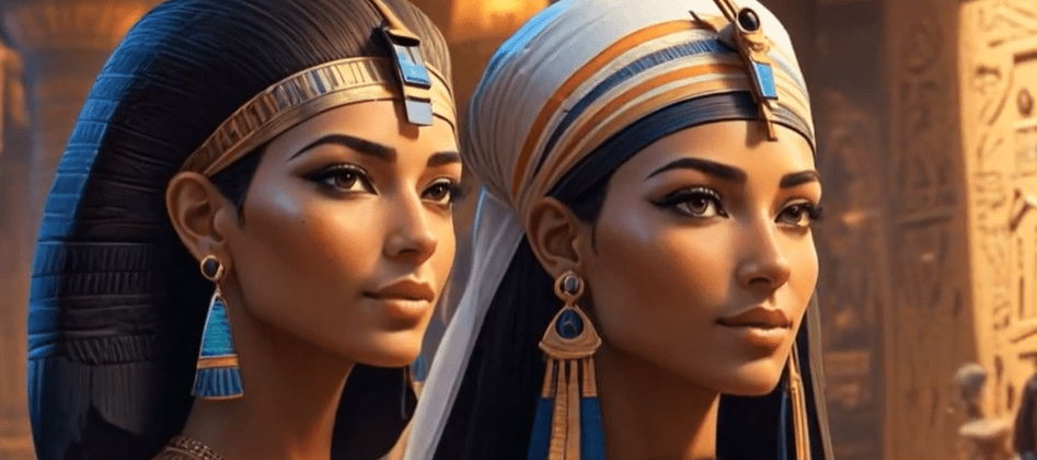 Dvaja staroegyptskí aristokrati s tradičnými odevmi a šperkami, pozadí egyptské hieroglyfy.