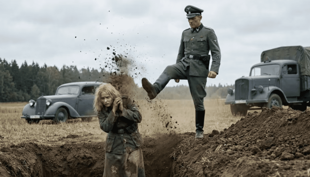 Neznámy vojak kopá jeho zajatca do krajiny pred starými vozidlami na otvorenom poli.
