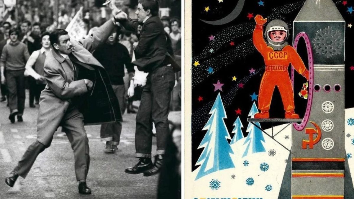Čiernobiela fotografia protestu a farebná ilustrácia kozmonauta z obdobia ZSSR, kontrast histórie a propagandy.