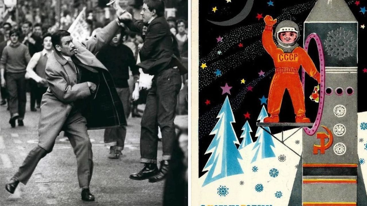 Čiernobiela fotografia protestu a farebná ilustrácia kozmonauta z obdobia ZSSR, kontrast histórie a propagandy.