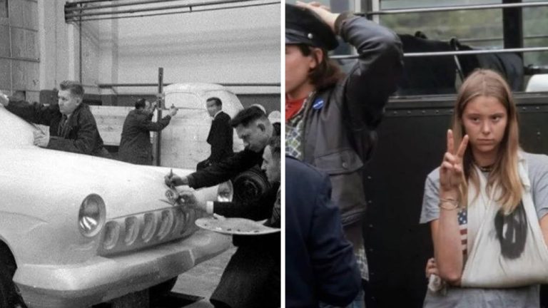 Ľudia pracujú na dizajne auta a mladá žena ukazuje mierový znak v modernom prostredí.