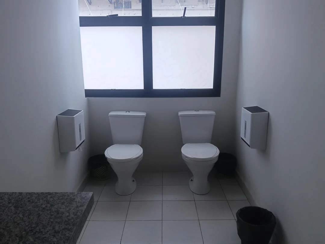 Dve toalety vedľa seba v bielej kúpeľni so svetlým oknom.