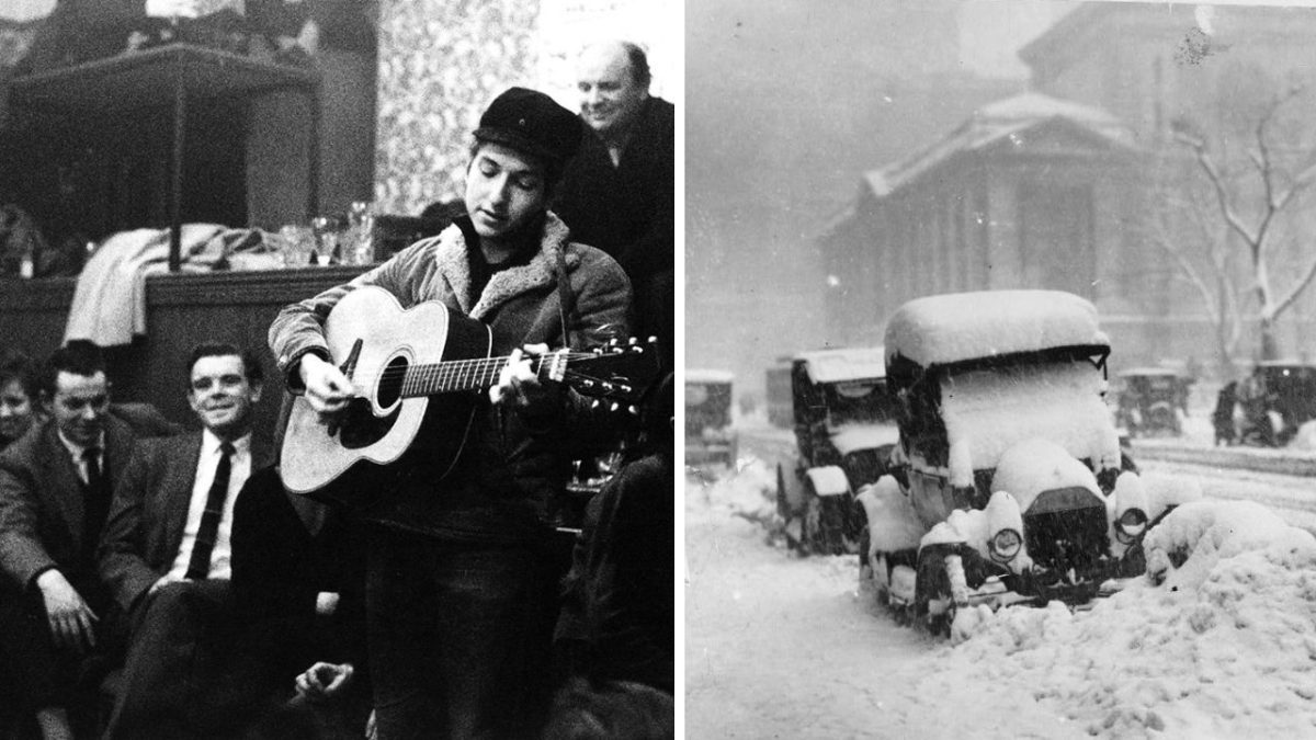 Muž hrá na gitaru v nevšednej kaviarni, zasnežené autá pred historickou budovou v pozadí. Čiernobiele zábery.