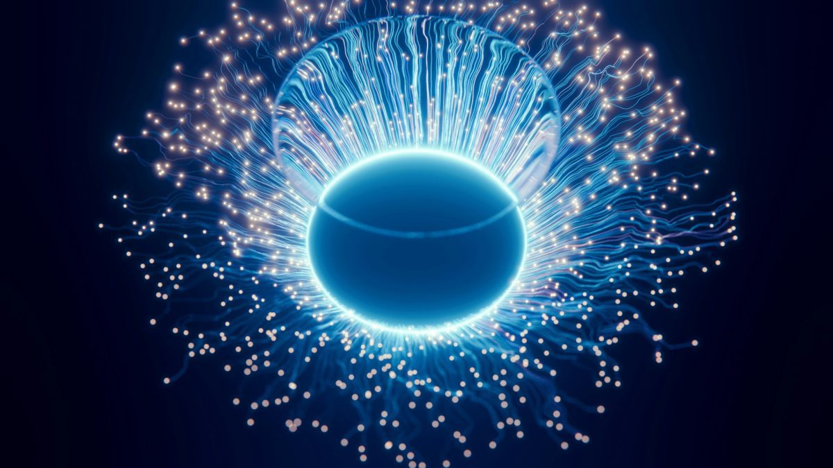 Abstraktný obraz s modrou žiarivou guľou a prepojeniami pripomínajúcimi digitálnu neurónovú sieť.