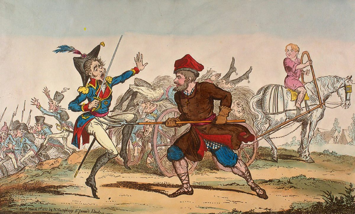 Neznáma historická scéna: vojak a vidiečan v konflikte na vidieku, v pozadí vozy a kôň s dieťaťom.