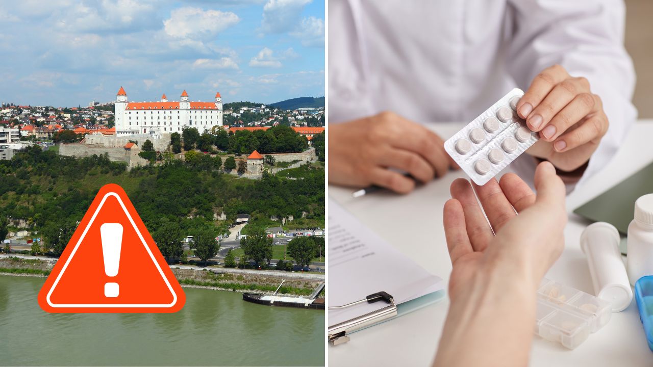 Upozornenie: Bratislavský hrad a lieky v lekárni, zdravotná výstraha.