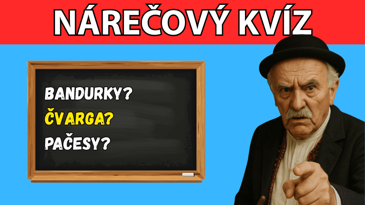 Nárečový kvíz: Tabuľa s otázkami o význame slov bandurky, čvarga, pačesy, vedľa stojí starší muž.