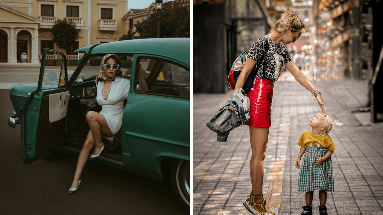 Žena vystupuje z retro auta; matka s dieťaťom na ulici v modernom štýle.
