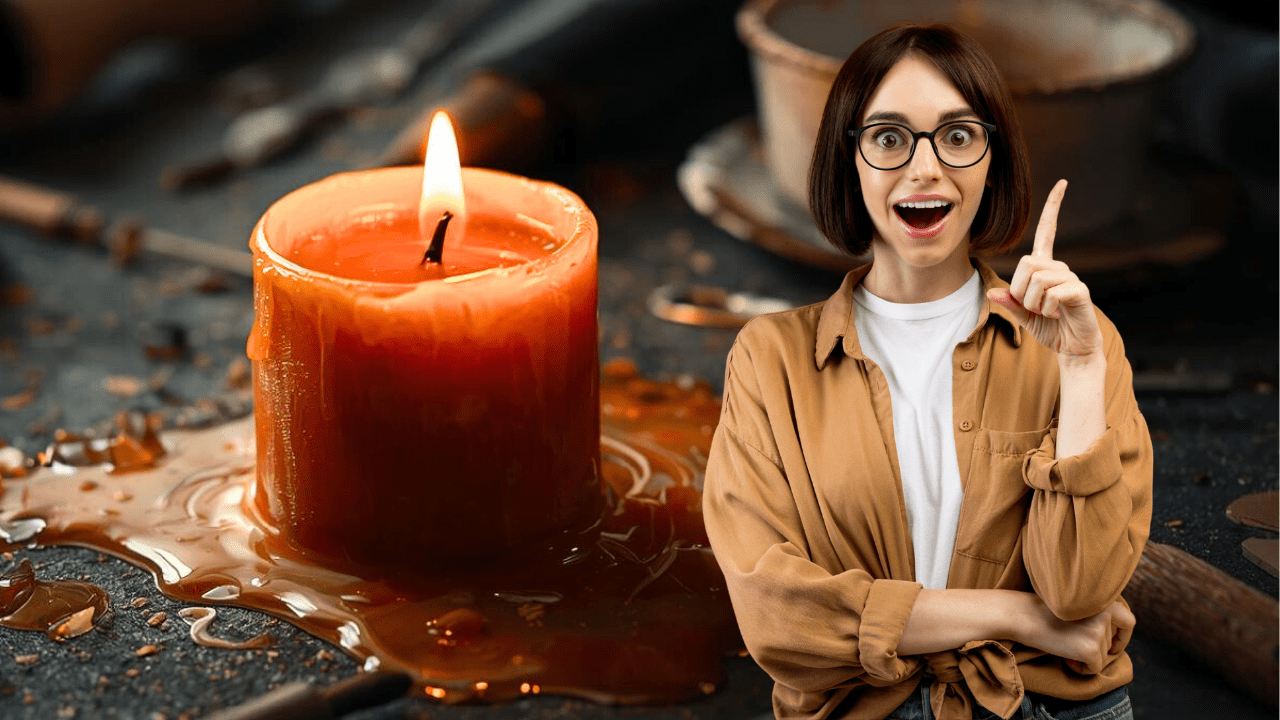 Žena s okuliarmi ukazuje nadšenie vedľa horiacej sviečky na tmavom pozadí.