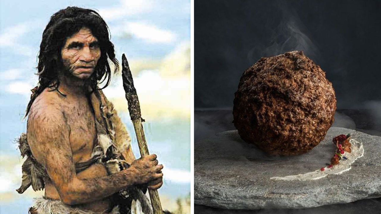 Neandertálec s oštepom a veľká pečená guľa na kamennej doske, symbolizujúca pravekú stravu.