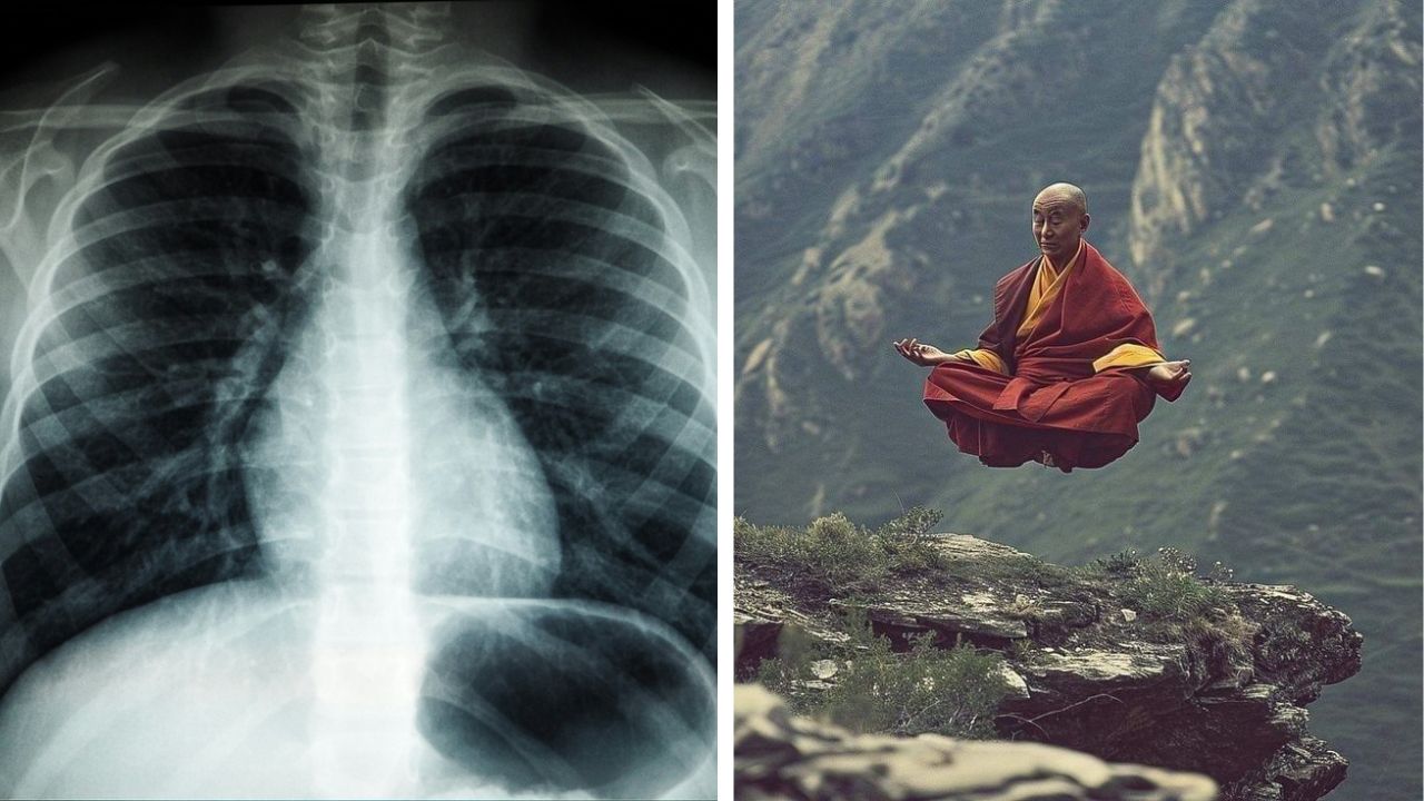 Rentgen hrudníka vedľa meditačného mnícha levitujúceho v horskej krajine.