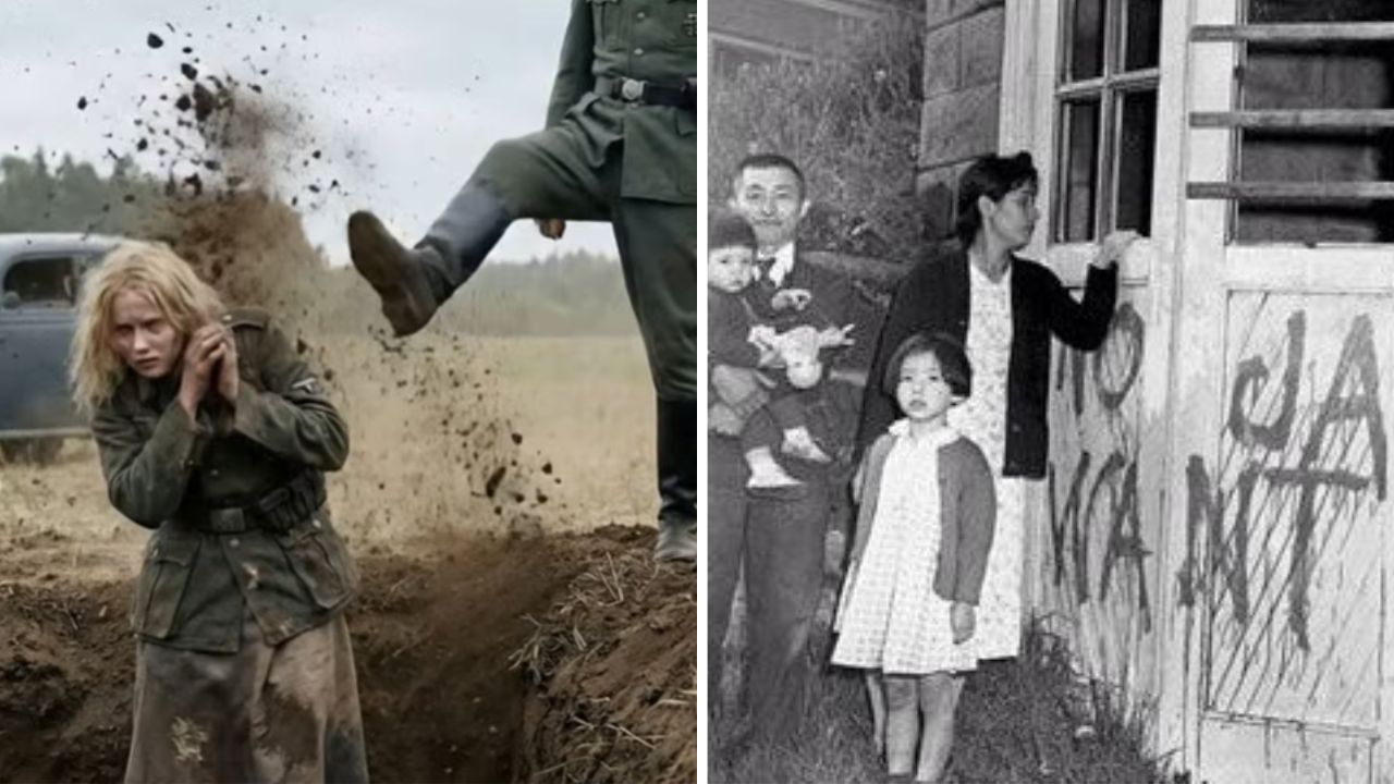 Žena na bojisku, vojak kope zem, rodina pri graffiti na stene; kontrast scén zachytávajúcich rôzne historické momenty.