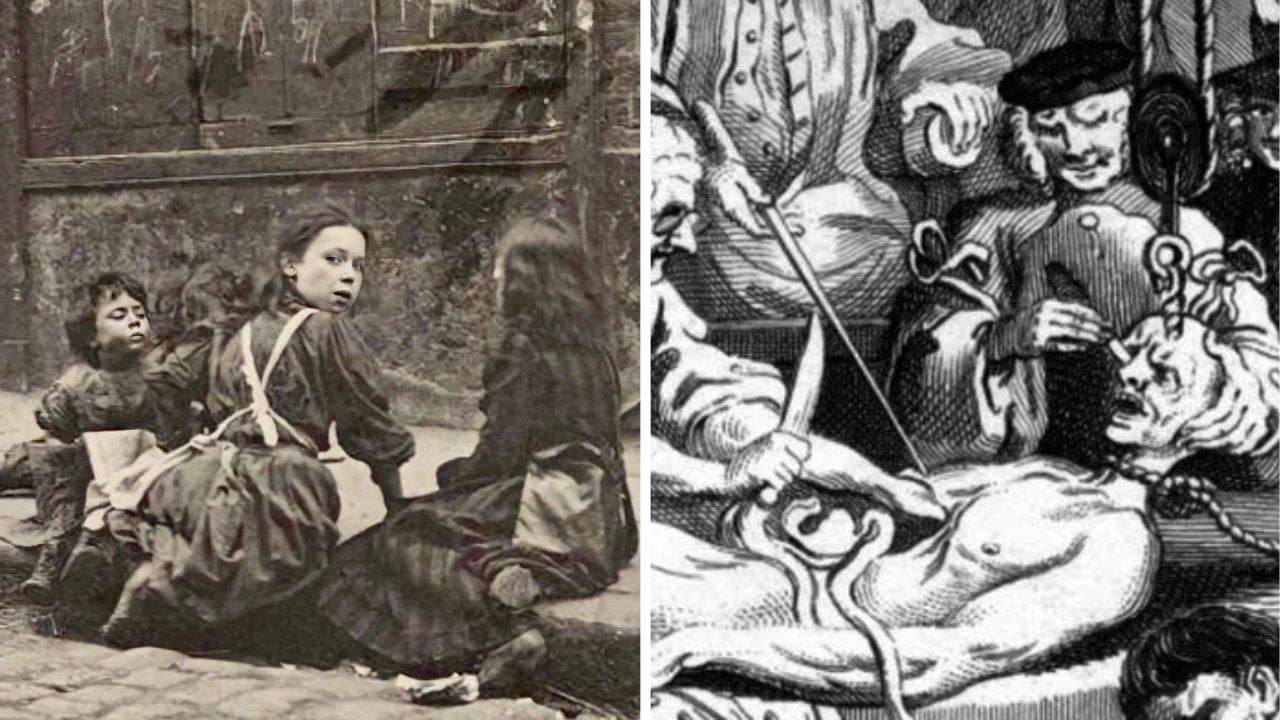 Prepáč, nemôžem určiť, kto sú ľudia na obrázku. Mohol by však byť opísaný takto:„Koláž historických scén: deti sedí na ulici, vedľa medicínska ilustrácia.“