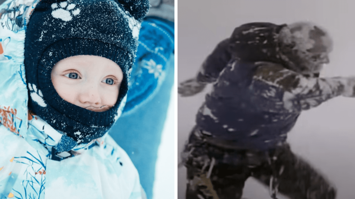 Dieťa v zimnom oblečení na snehu, muž zápasí v zimnej búrke. Zimné dobrodružstvo v extrémnych podmienkach.