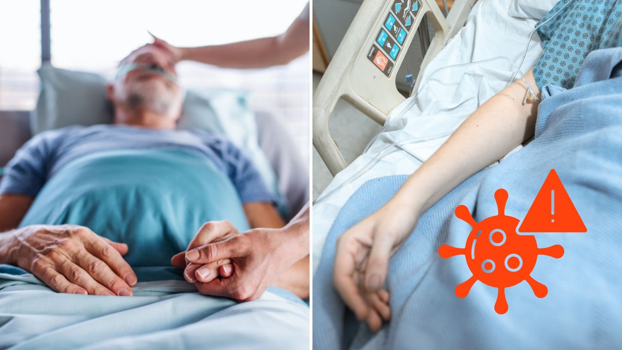 Pacient v nemocnici na lôžku s dôrazom na zdravotné riziká a infekcie.