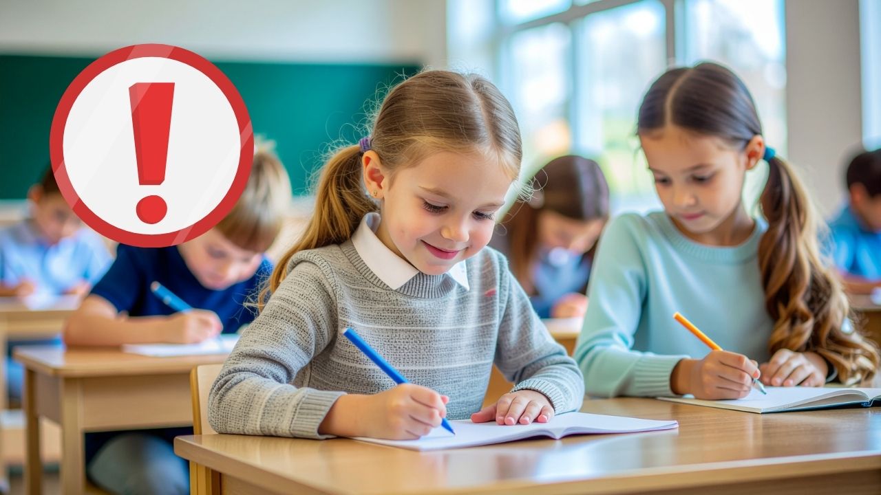 Deti píšu v triede, zamerané na úlohy; varovný znak značkou na prehľad o pozornosti.