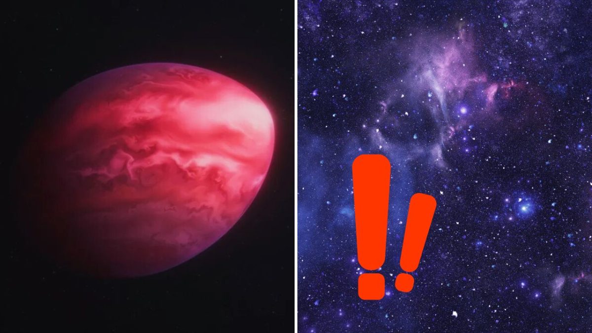 Červená planéta v kozme s fialovou hmlovinou a výkričníkmi. Fascinujúci pohľad na vesmírne krásy.