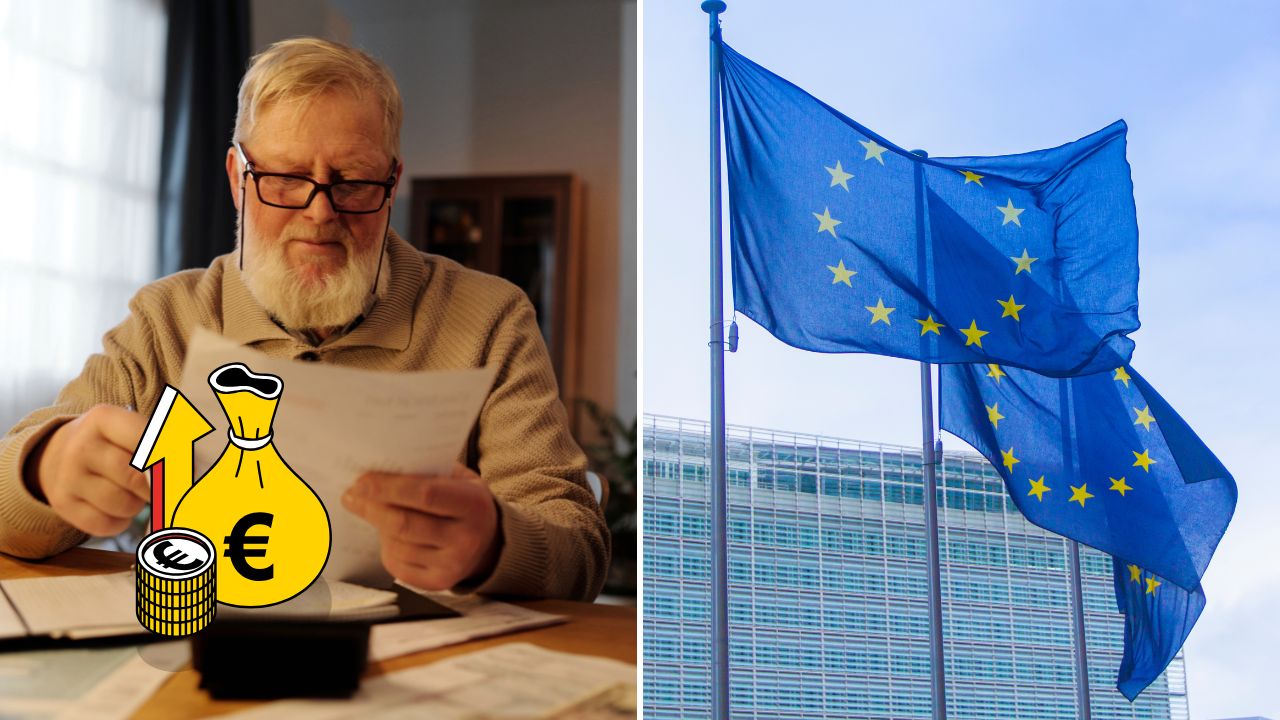 Muž skúmajúci dokumenty, vedľa vlajky EÚ, symbol bánk, peňazí a ekonomiky.