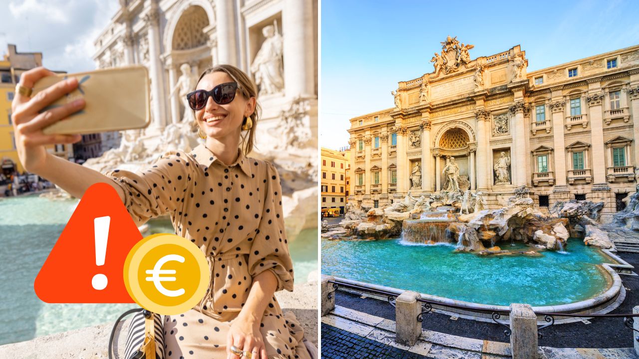Žena robí selfie pri Fontáne di Trevi v Ríme, upozornenie na poplatky za fotografovanie.