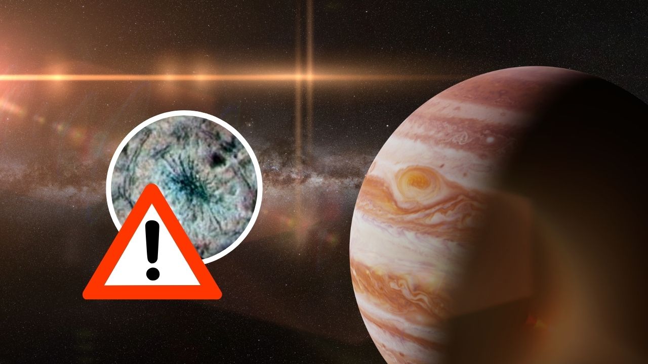 Planéta Jupiter v vesmíre so zvýraznením a výstražným trojuholníkom s výkričníkom.