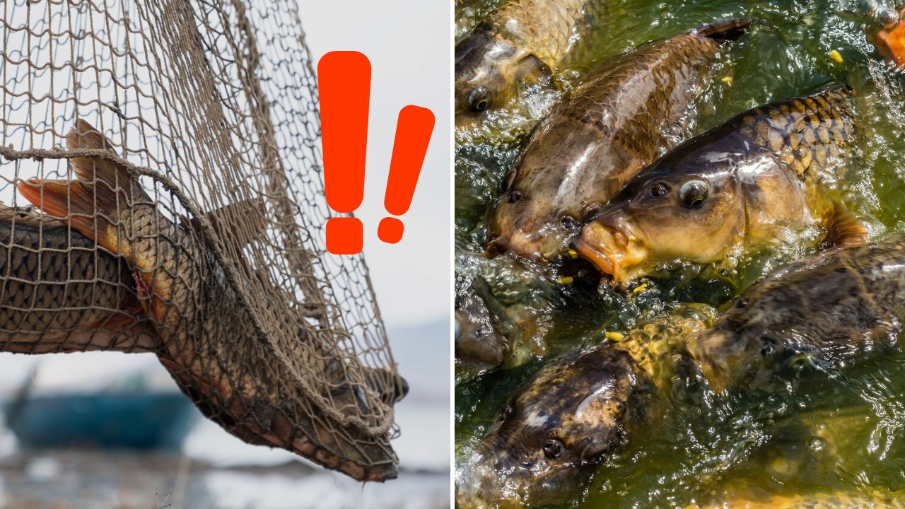 Ryby v sieti a plávajúci kapor v rybníku, symbolizujúci úsilie a život v prírode.