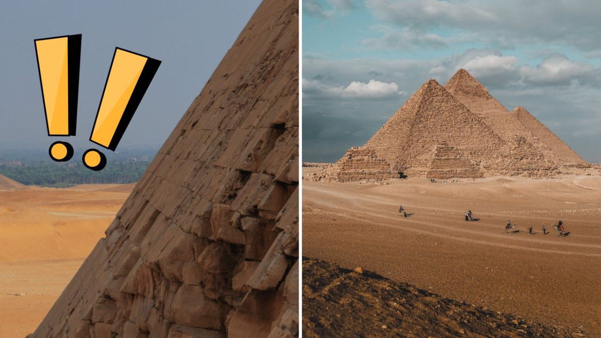 Detail a celkový pohľad na egyptské pyramídy na púšti pod modrou oblohou.