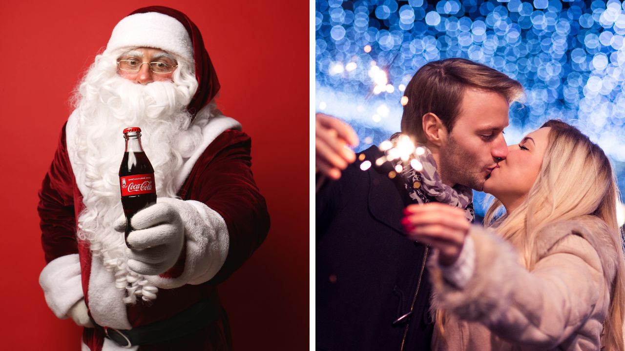 Santa s nápojom na Vianoce a párik s prskavkami a bozkom: oslava lásky a sviatočnej pohody.