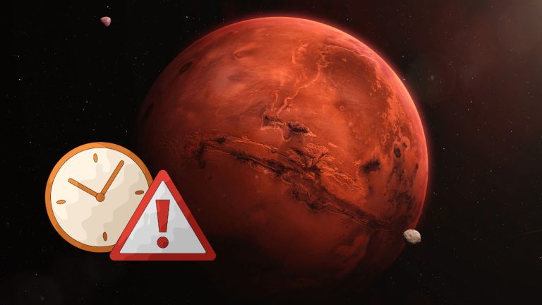 Červená planéta Mars v kozme s ikonami hodín a výstrahy, symbolizuje časový aspekt objavovania.