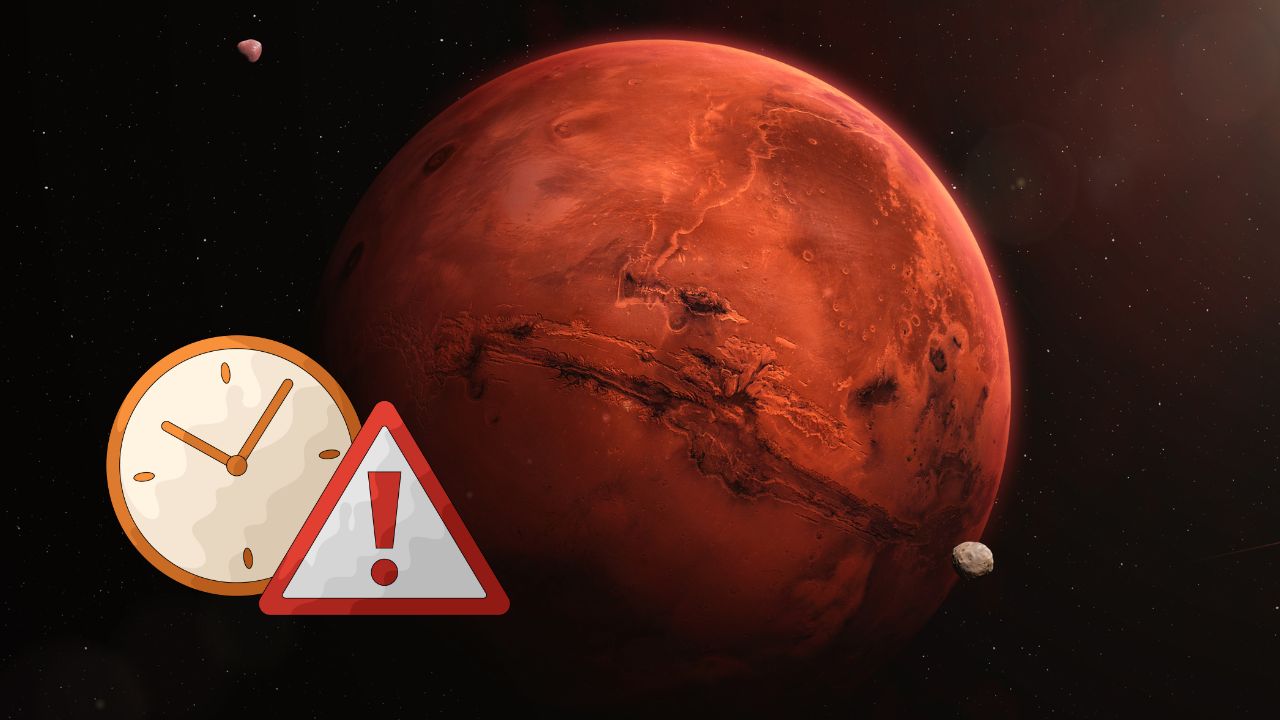 Červená planéta Mars v kozme s ikonami hodín a výstrahy, symbolizuje časový aspekt objavovania.