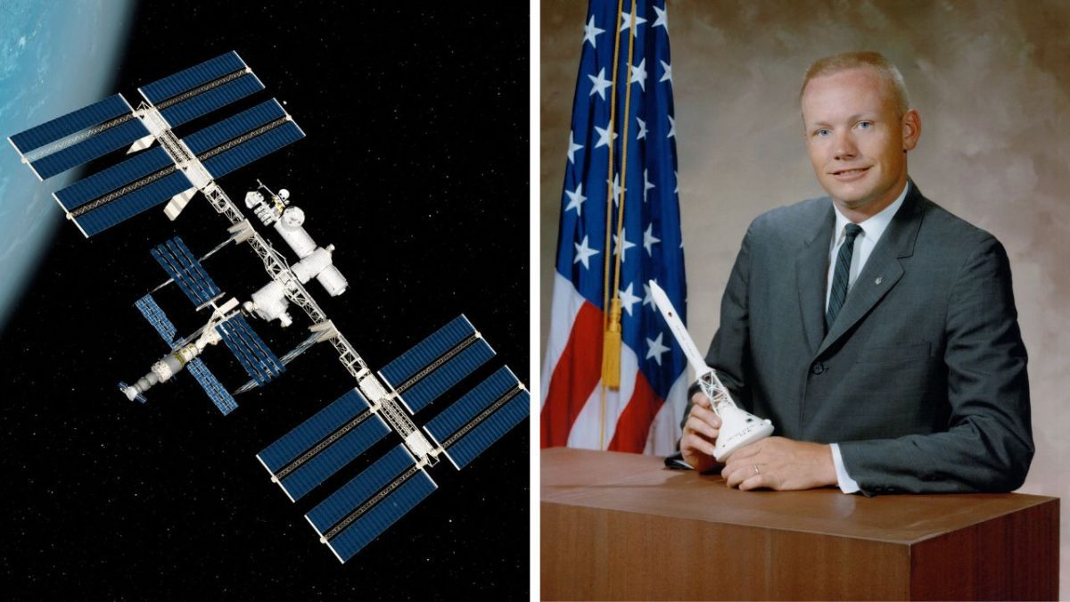 Na obrázku Medzinárodná vesmírna stanica a muž v obleku držiaci model rakety, americká vlajka v pozadí.