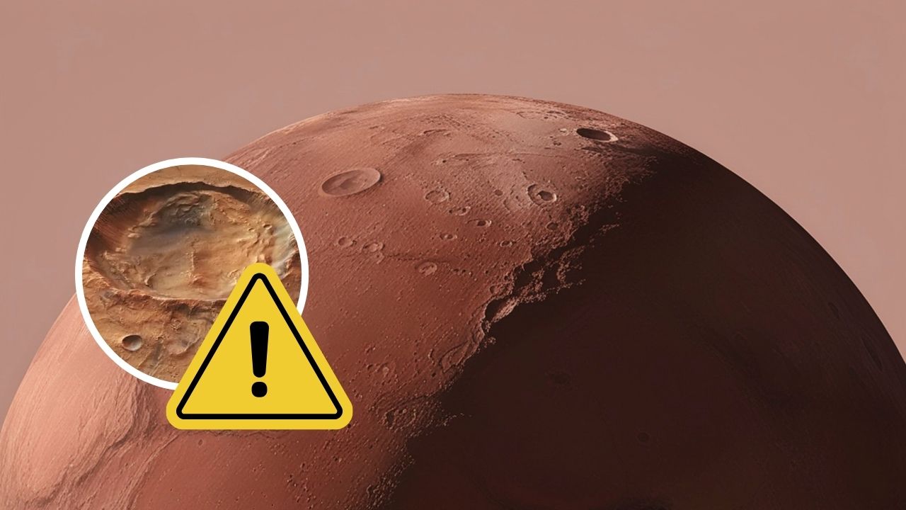 Planéta Mars s krátermi a varovným symbolom, vyzývajúci na pozornosť vo vesmírnom výskume.