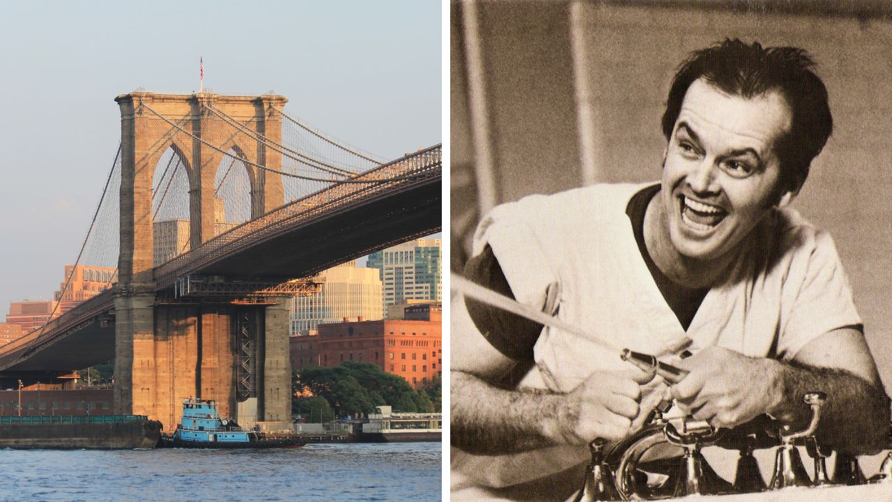 Obrázok vľavo zobrazuje Brooklynský most; vpravo neznámy muž s výrazným úsmevom.