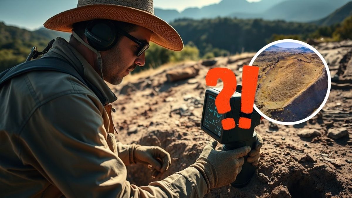 Muž s detektorom skúma terén na archeologickom nálezisku, s otáznikom nad tajomným objektom.