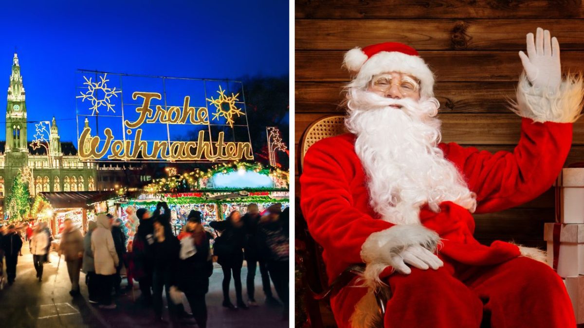 Vianočné trhy s osvetlením a veselý Santa Claus so zdvihnutou rukou na pozadí drevenej steny.