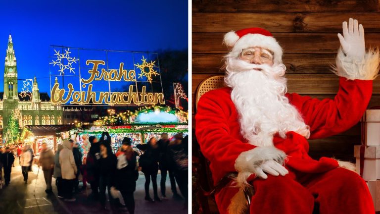 Vianočné trhy s osvetlením a veselý Santa Claus so zdvihnutou rukou na pozadí drevenej steny.