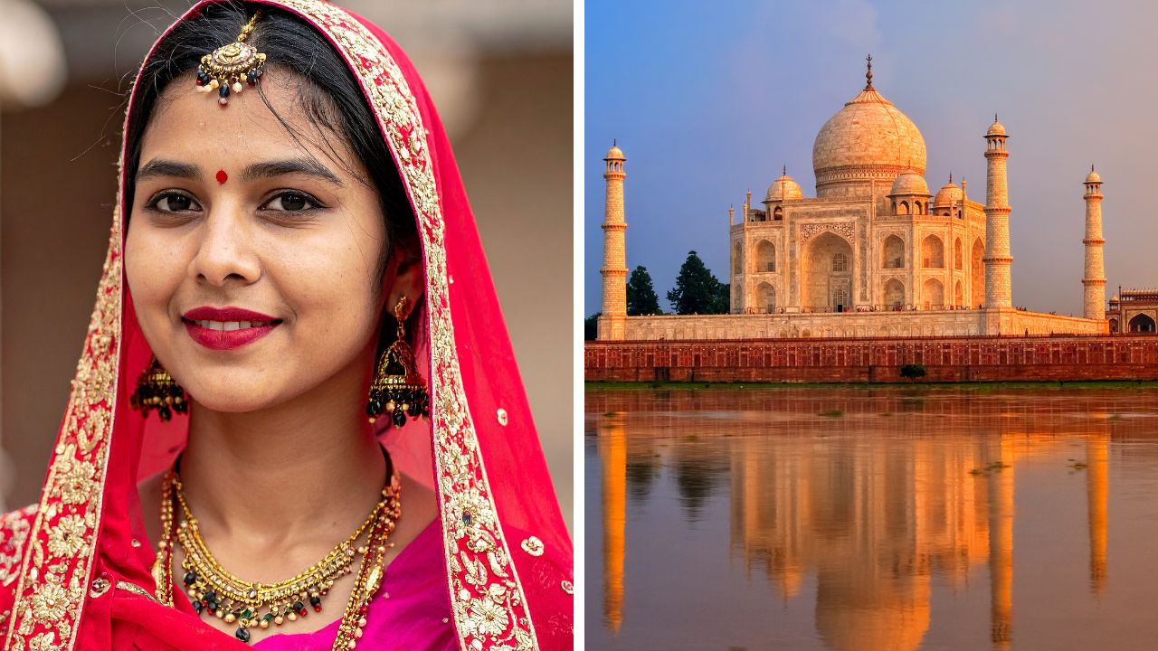 Žena v tradičnom indickom odeve a pohľad na Taj Mahal počas západu slnka.