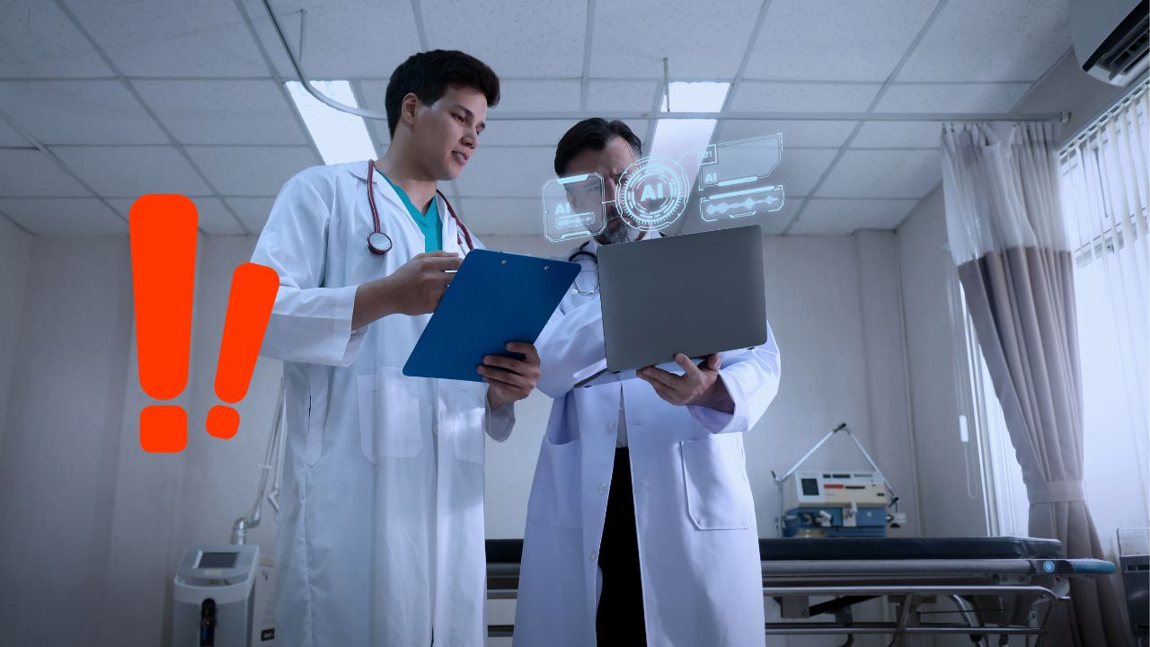 Lekári diskutujú o využití umelej inteligencie v lekárskej praxi, zvýraznené červeno.