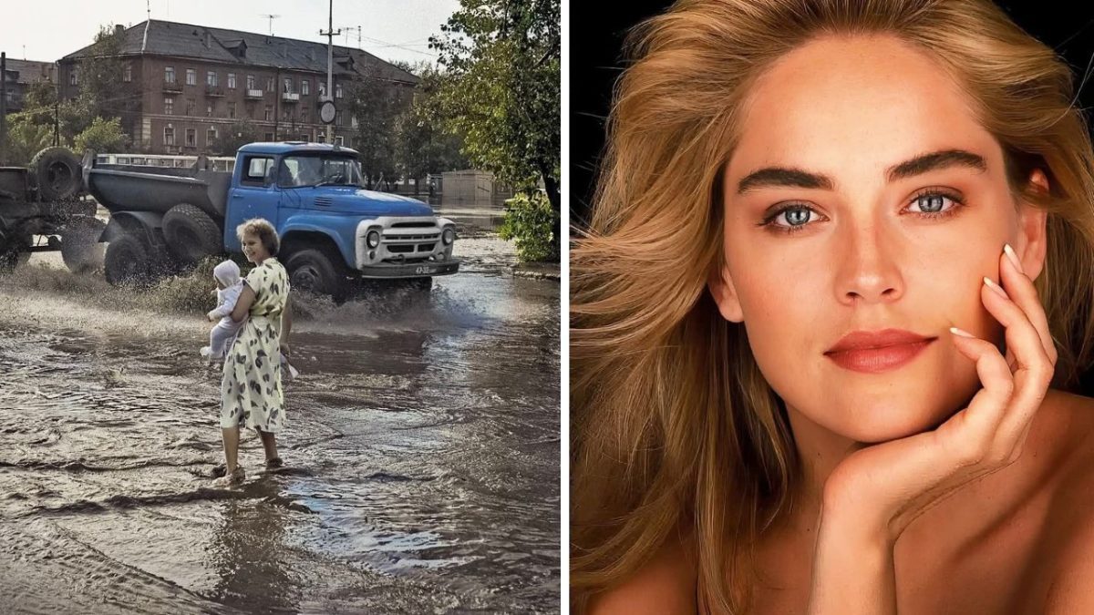 Žena s dieťaťom prechádza cez zaplavenú ulicu vedľa modrého nákladiaka; portrét ženy s rukou pod bradou.