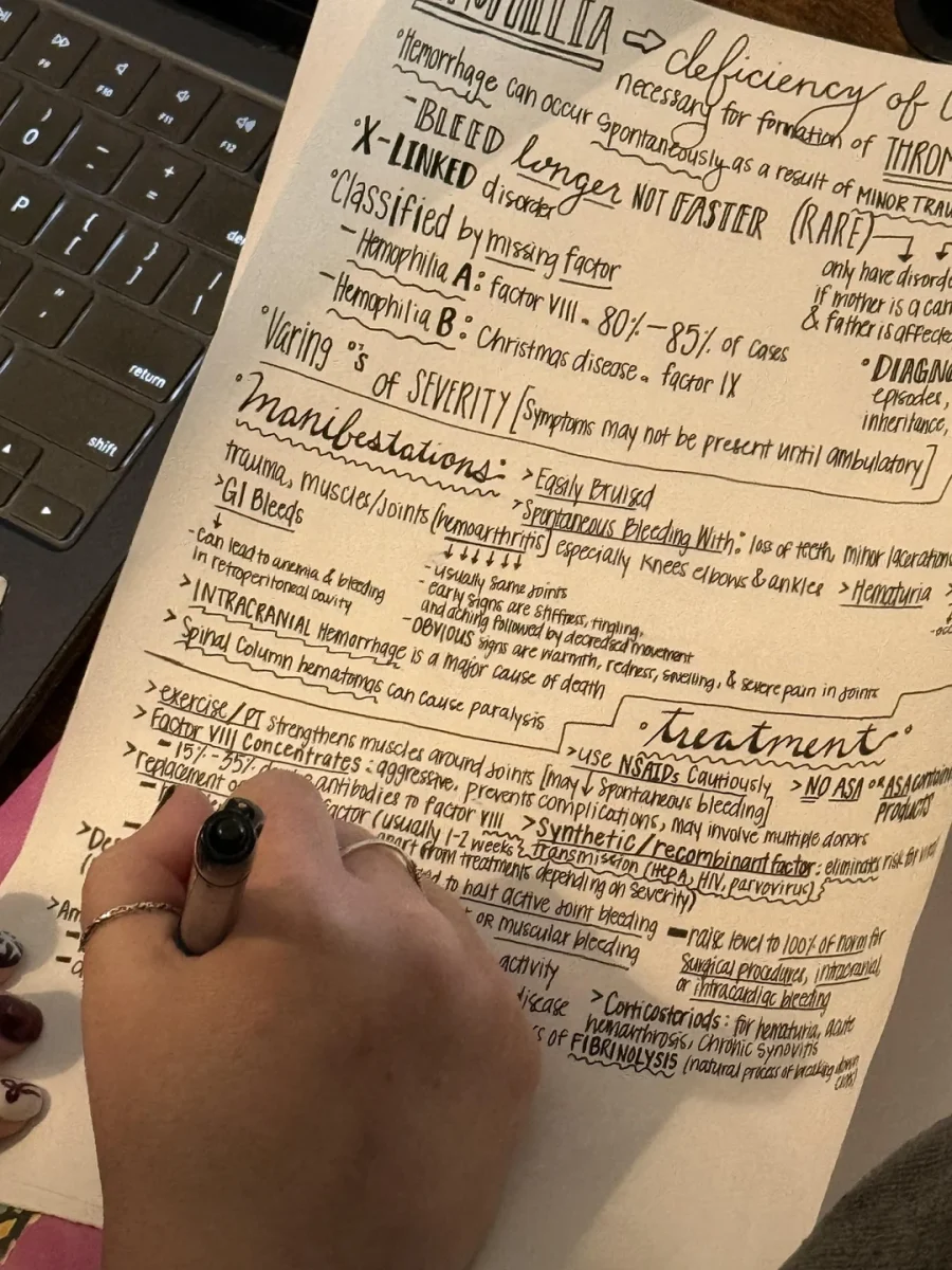 Ruka píše poznámky na tému hemofília pri práci na notebooku. Ilustrovaný študijný materiál na vzdelávacie účely.