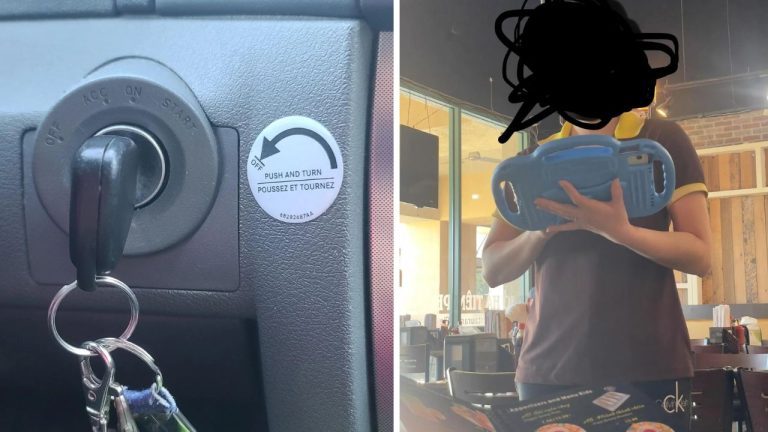 Kľúče v zapaľovaní auta; osoba v reštaurácii drží detský tablet na kreslenie.