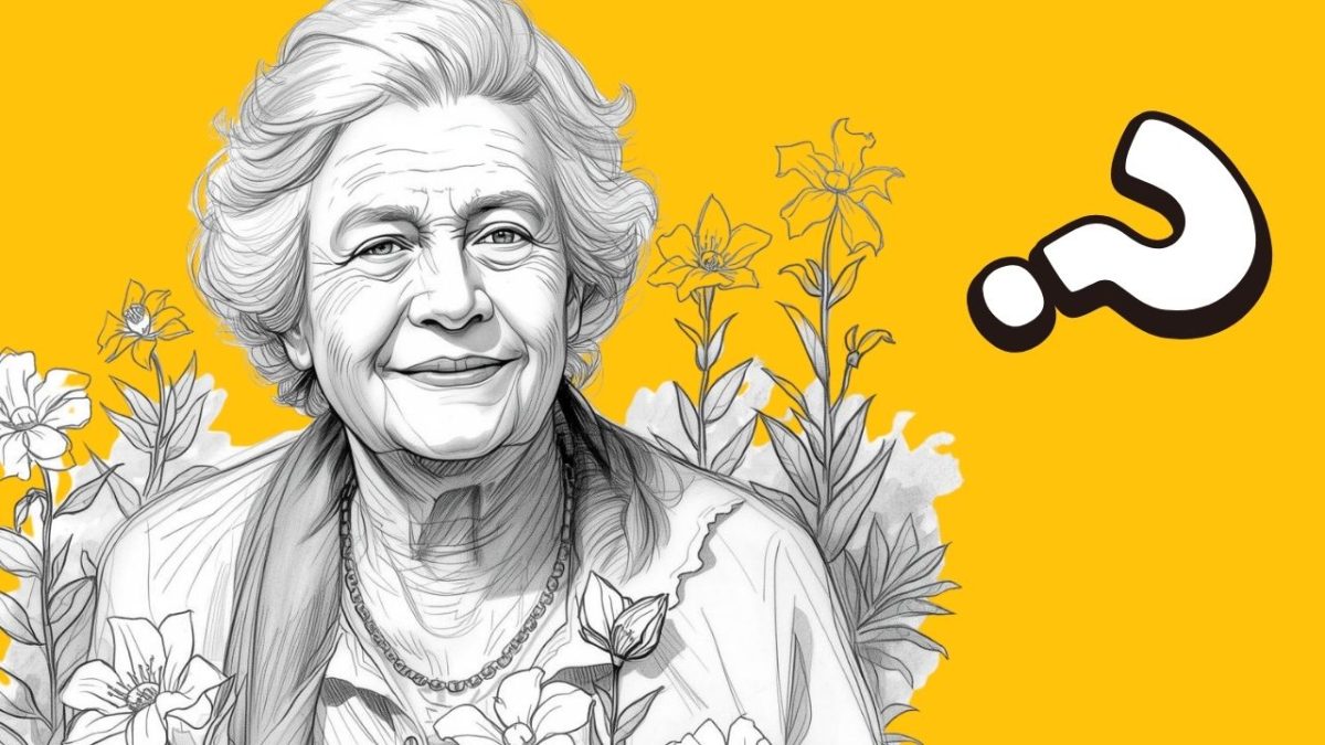 Ilustrácia ženy s úsmevom obklopenej kvetmi na žltom pozadí s otáznikom.