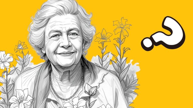 Ilustrácia ženy s úsmevom obklopenej kvetmi na žltom pozadí s otáznikom.